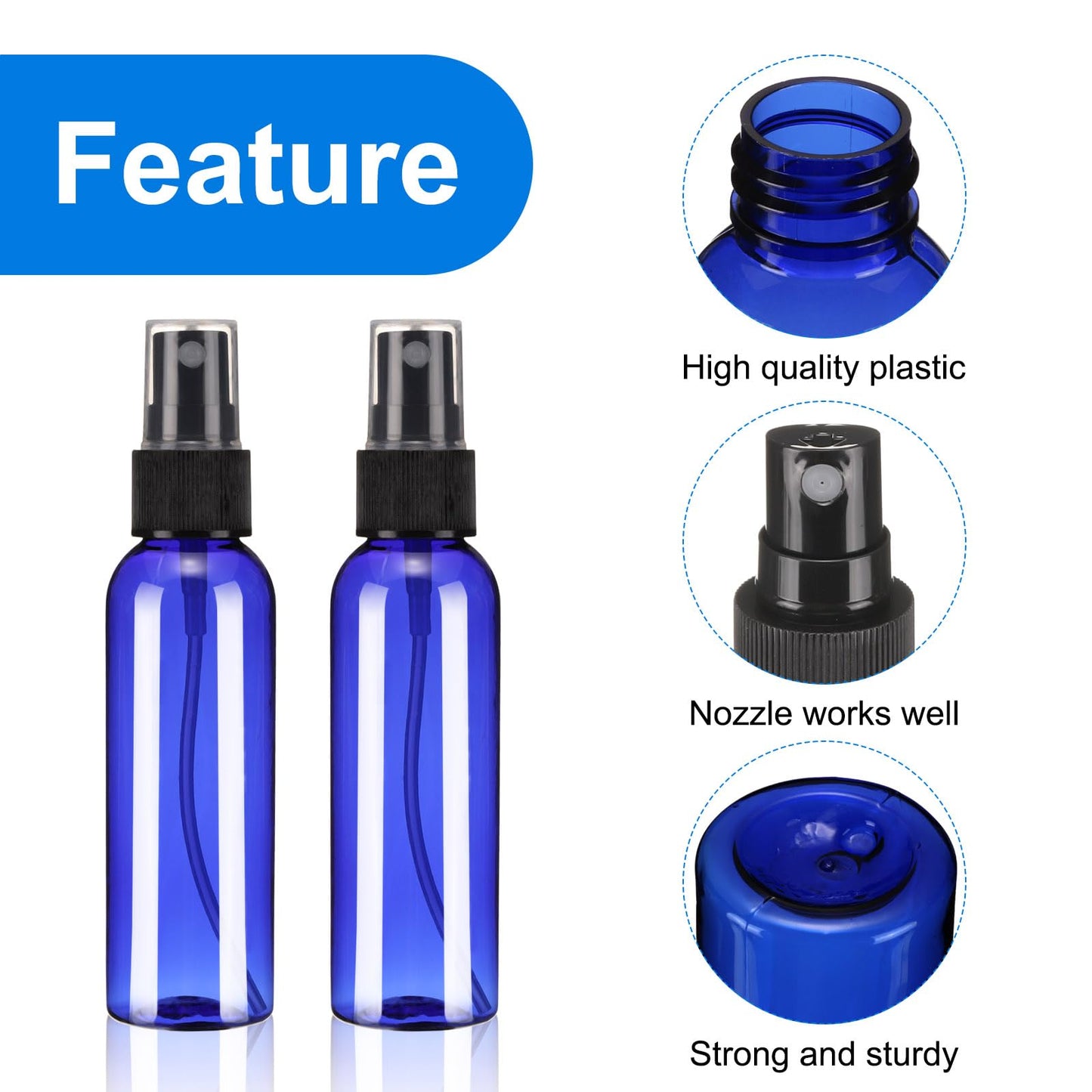uxcell 100 Pack Spray Bottles, 2 Oz/60ML Reusable Clear Empty Mist Plastic Mini Travel Bottle Set,Small Refillable Liquid Containers for Household Use, Essential Oil(Blue Black)