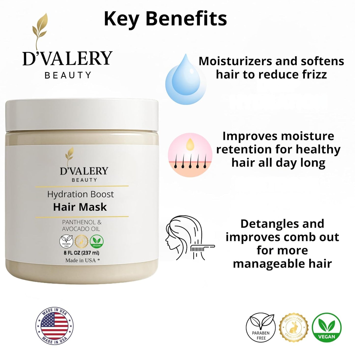 Hydrating Hair Mask - Avocado Oil & Panthenol Deep Conditioning Treatment for Dry, Damaged Hair | 8 oz