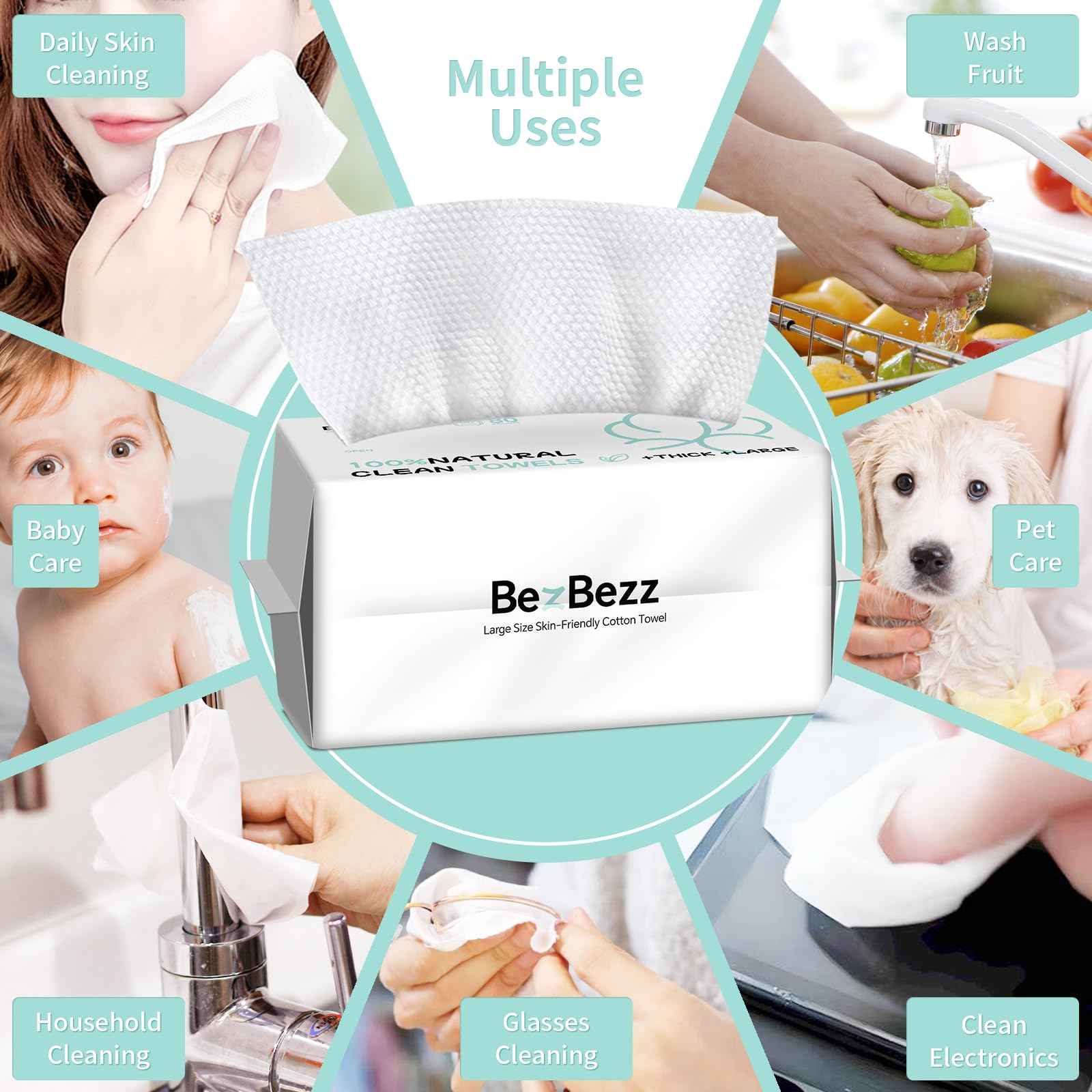 Face Towels Disposable 100% Cotton Biodegradable Facial Cleansing Cloths Extra Thick and Soft for Sensitive Skin, Lint-Free, Super Absorbent, Makeup Remover Dry Wipes for Face Cleansing