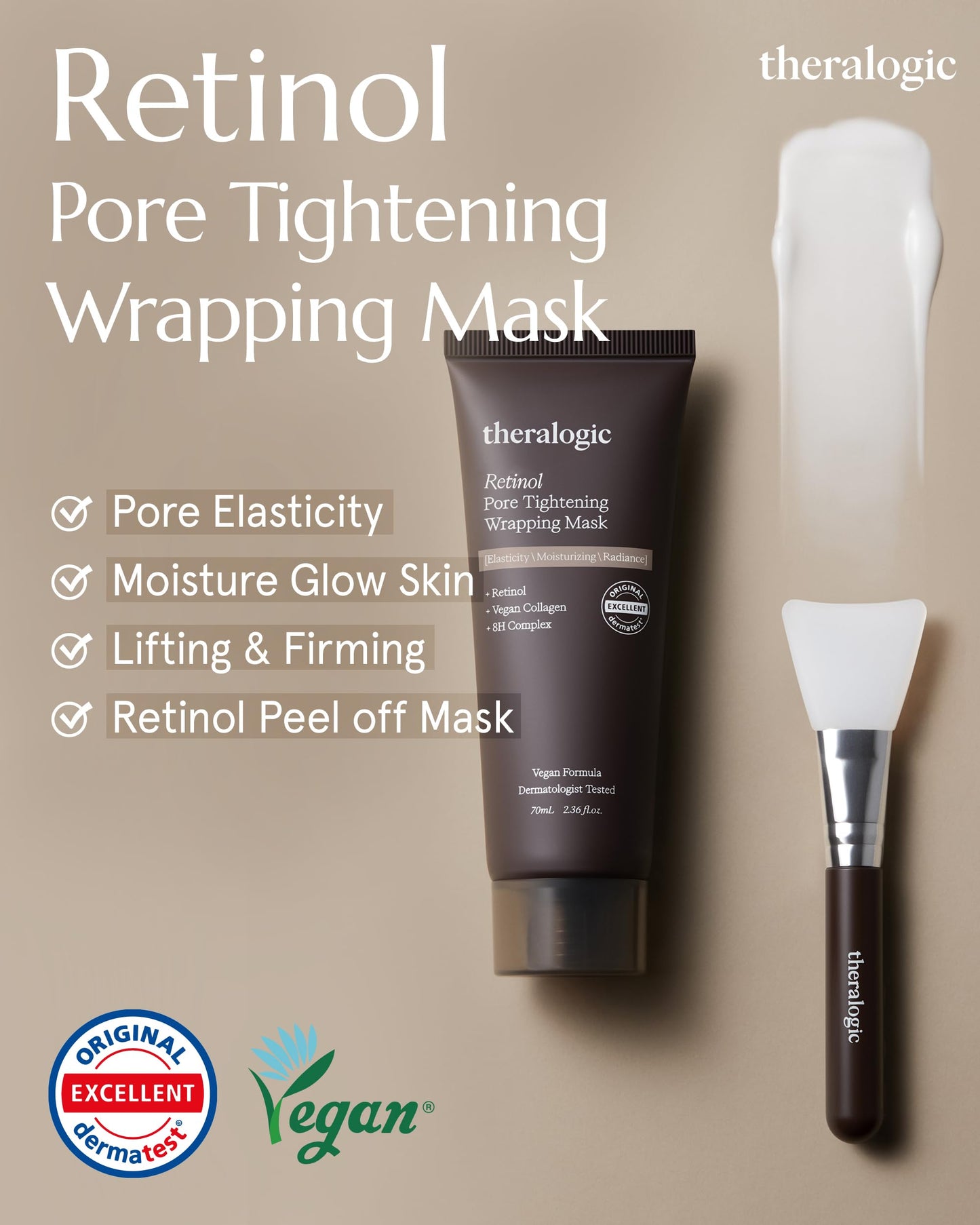 theralogic Retinol Pore Tightening Wrapping Mask - Korean Pore Elasticity Peel Off Mask with Collagen, Peptides, Hyaluronic Acid - Firming & Skin Glow Mask - Vegan, Derma Tested, 2.36oz.