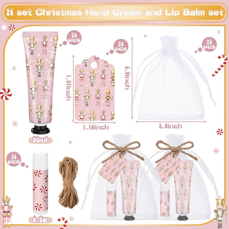 Dansib 24 Sets Christmas Pink Nutcracker Hand Cream and Candy Lip Balm Gift Christmas Party Favors Travel Size Hand Lotion and Lip Balm Bulk Wedding Bridal Baby Shower Party Supplies for Guest