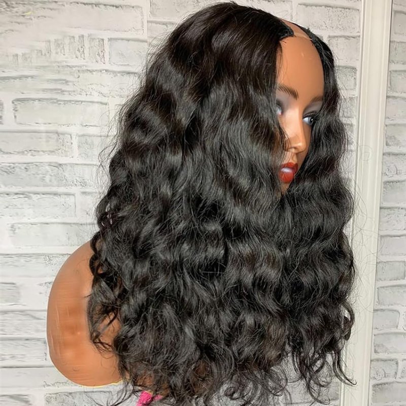 Emistar Water Wave Black V Part Curly Wig Loose Wavy Wig Upgrade U Part Synthetic Wigs for Black Women Full Head Clip In Hair Glueless Hair Replacement Synthetic Wigs (Black, 20 Inch)