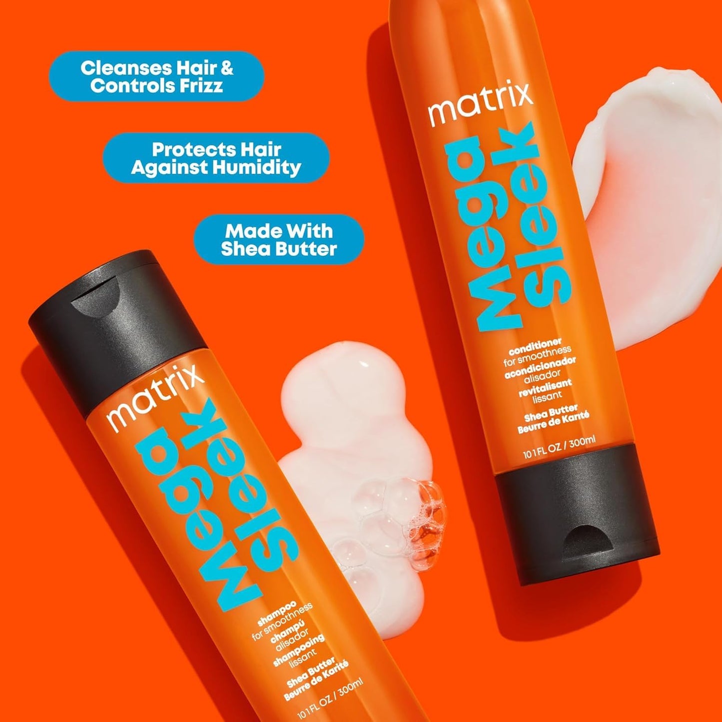 Matrix Mega Sleek Shampoo - Anti-Frizz Moisturizing Shampoo, Smoothing and Detangling, For Dry & Damaged Hair, Salon Professional Formula, With Shea Butter, Vegan, 33.8 Fl Oz
