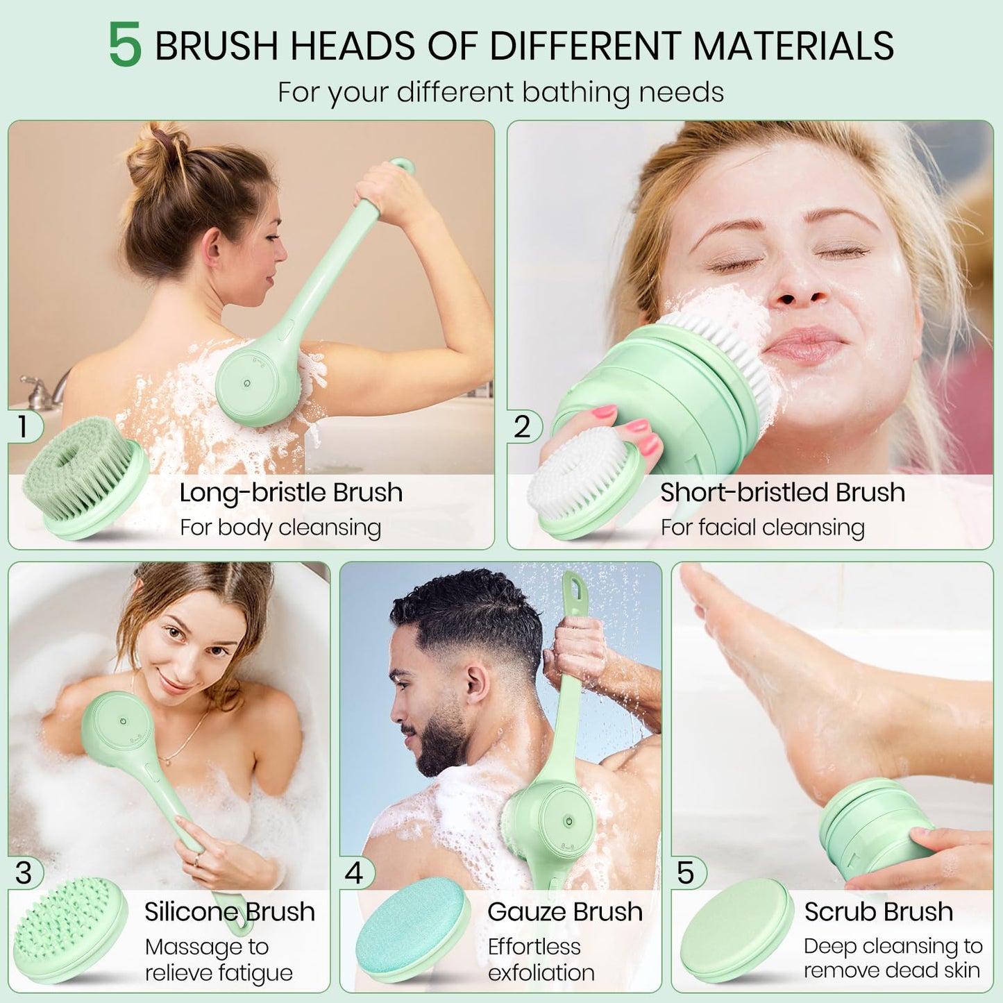 Electric Body Brush, Auto Spinning Back Scrubber for Shower, USB Rechargeable Bath Brush with Dual Long Handle, 5 Replaceable Heads, Waterproof Exfoliating Massage Brush for Skincare, Spa and Bath