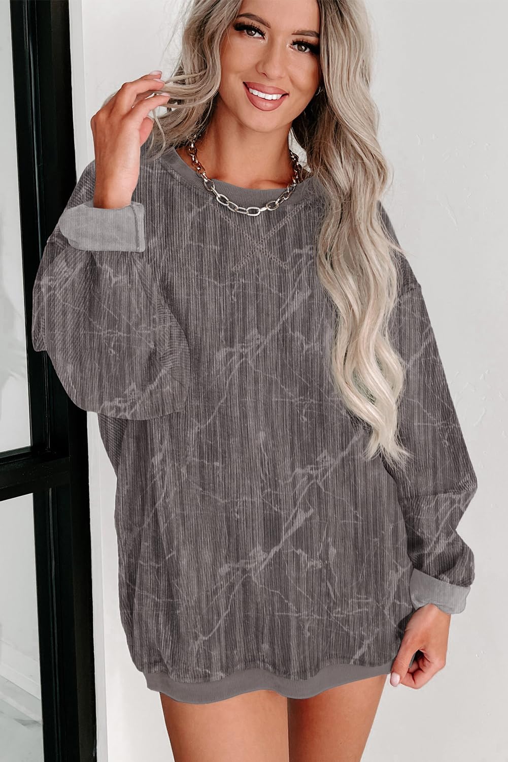 ONLYSTORY Womens Camo Tree Sweatshirts Casual Cored Corduroy Pullover Tops Oversized Long Sleeve Crewneck Shirts,CH Dark Gray,L