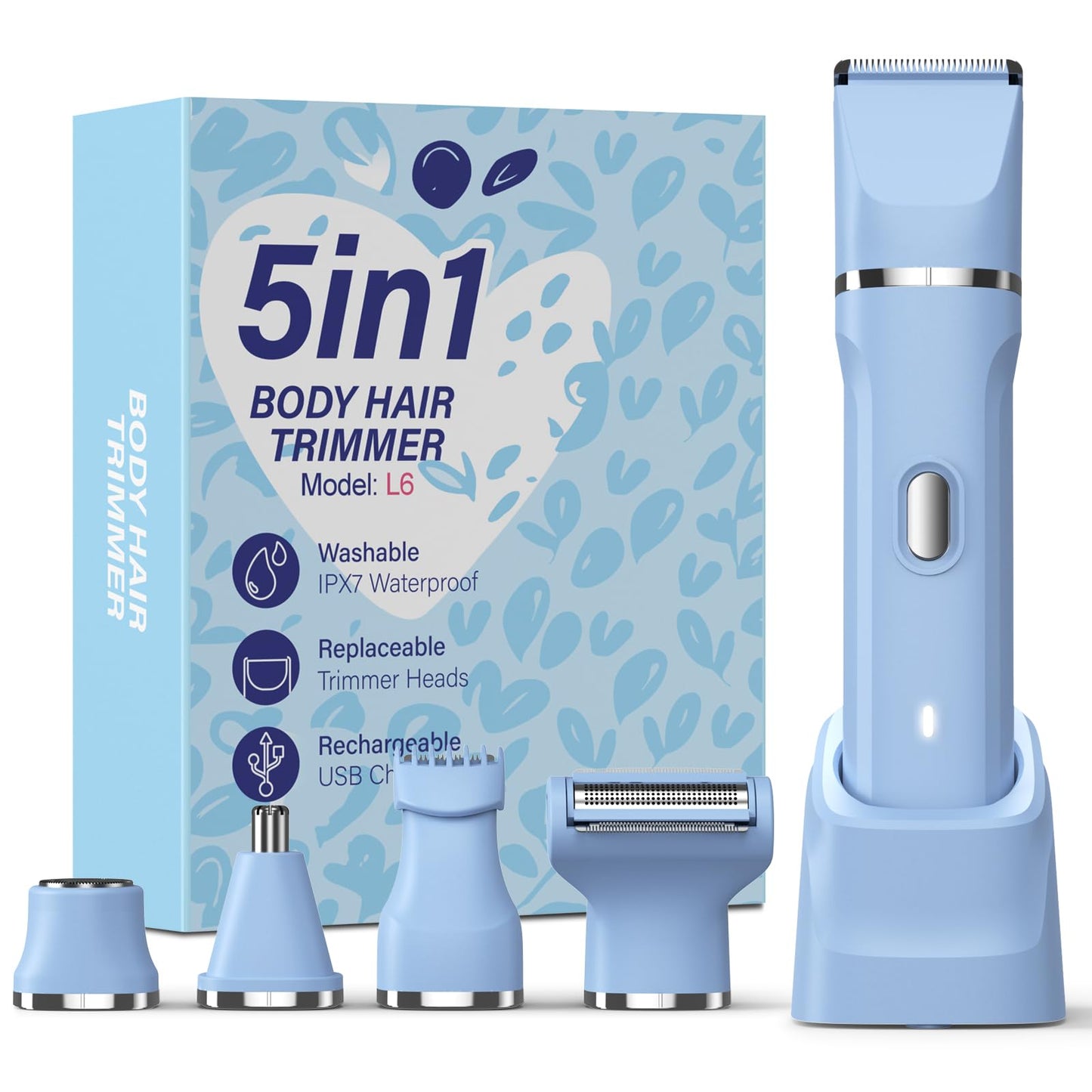 HOHOLE 5-in-1 Bikini Trimmer for Women, IPX7 Waterproof Electric Razors Shaver, Cordless Body Hair Trimmer, Facial & Pubic Hair Removal, Ceramic Blade (Sky Blue)
