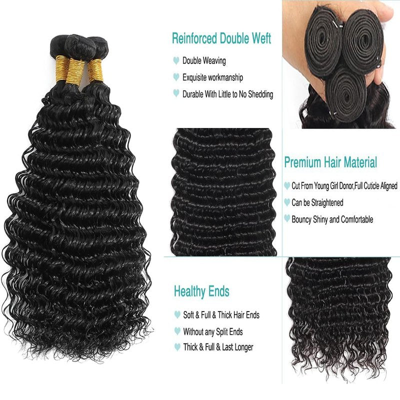 BilltiiWW Deep Wave Bundles Natural Black 8 10 12 Inch Brazilian Loose Deep Bundles Human Hair Soft and Silky for Women