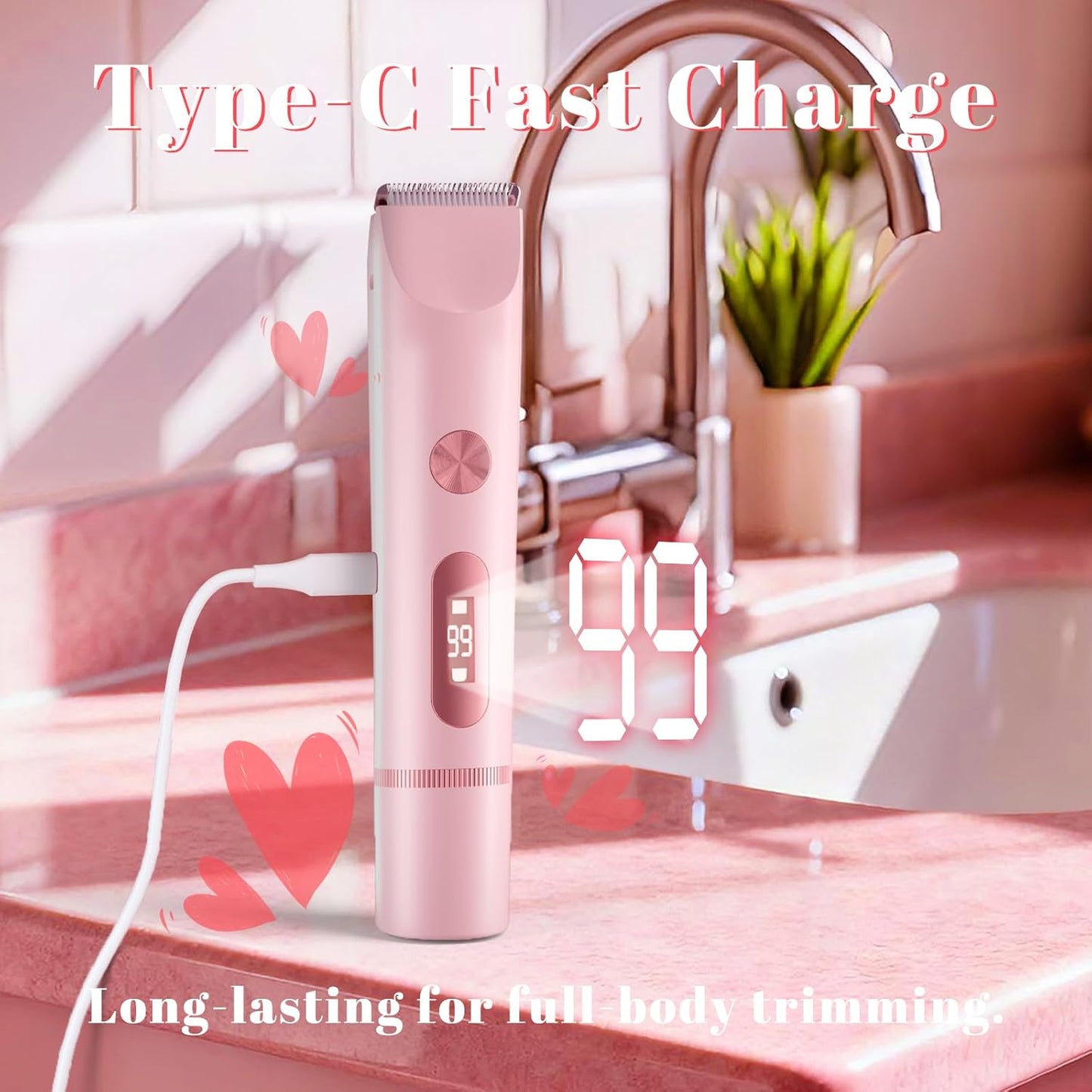Bikini Trimmer for Women - Waterproof Electric Razor for Sensitive Areas | USB-C Rechargeable, Petal Pink with LED