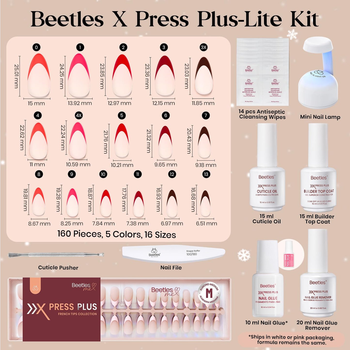 Beetles X Press Plus Gel Nails Kit - Fierce French | 5 Colors Press On Nails Medium Almond | 160Pcs 16 Sizes All-in-One Kit With Nail Glue,Remover,Builder Top Coat,Nail Lamp Gift