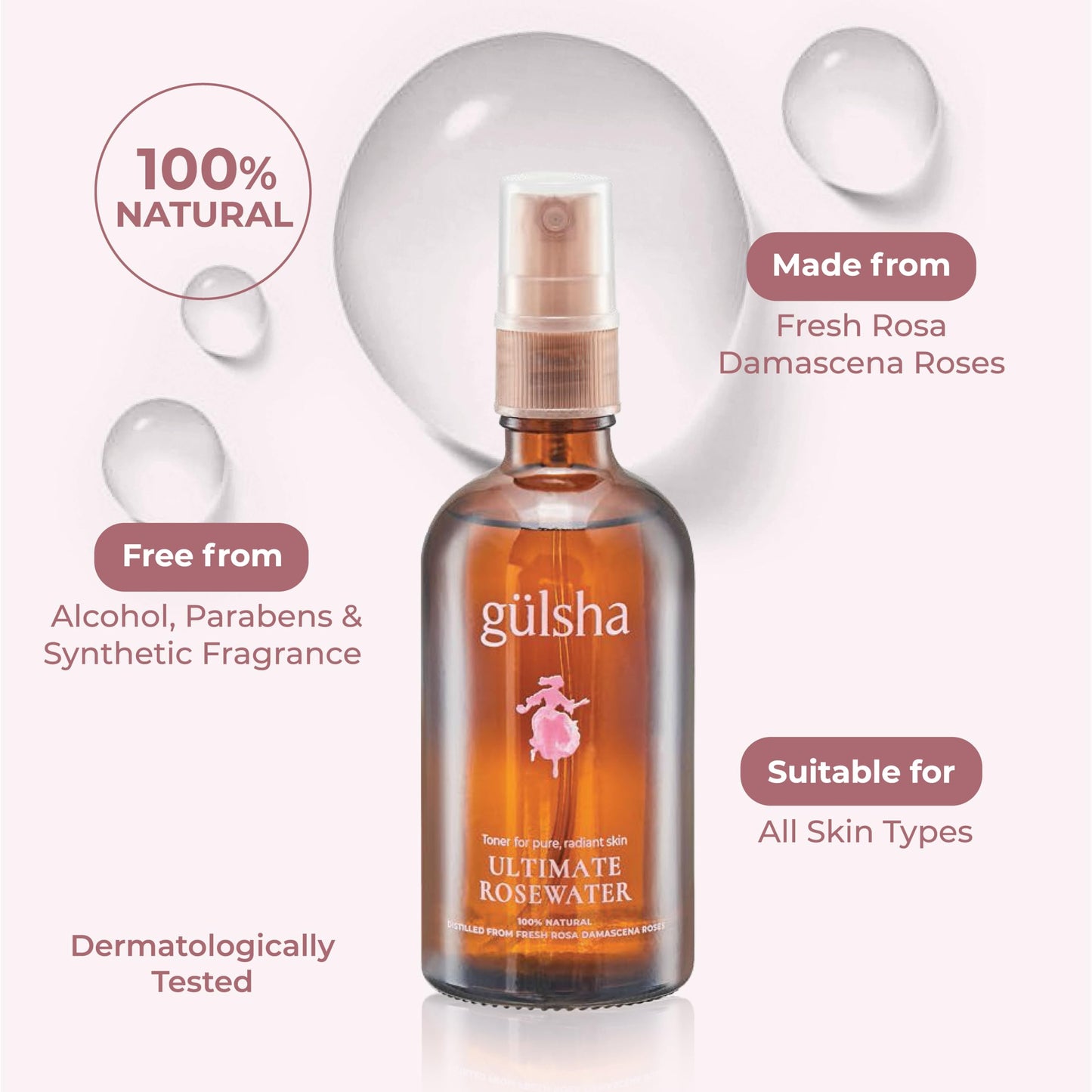 GULSHA ULTIMATE ROSEWATER, Natural Rosa Damascena Flower Water, Cleanses, Nourishes and Tones Skin, Restores Radiance to Your Skin, Free from Chemicals, 100% Natural Glow Rose Essence, 100ml/3.38 FlOz