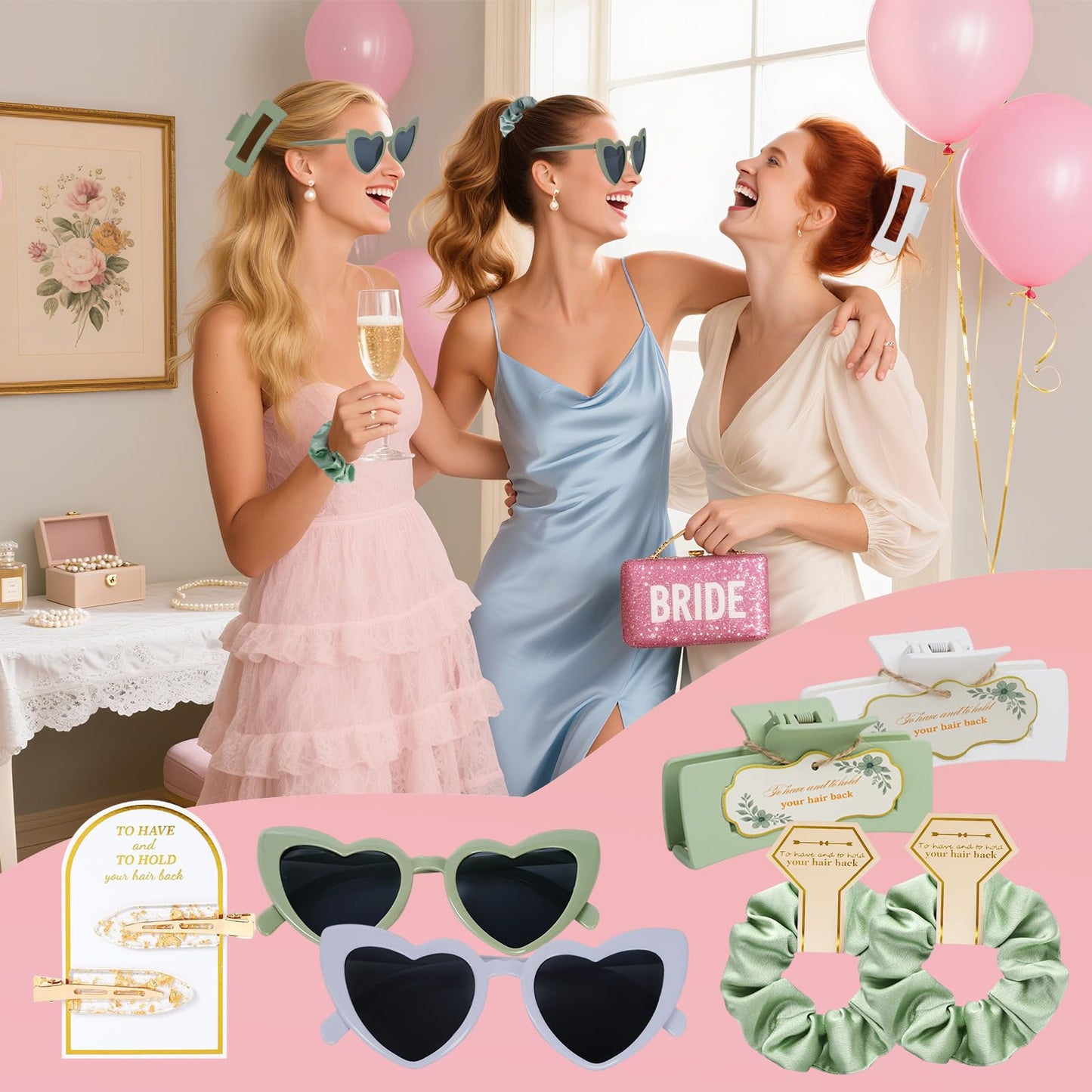 Sage Green Bridesmaid Gifts for Proposal, 12PCS Girls Gift Set with Hair Claws, Scrunchies, Makeup Clips & Heart Sunglasses, Wedding Bachelorette Party Favors, Birthday Gifts for Women Teens