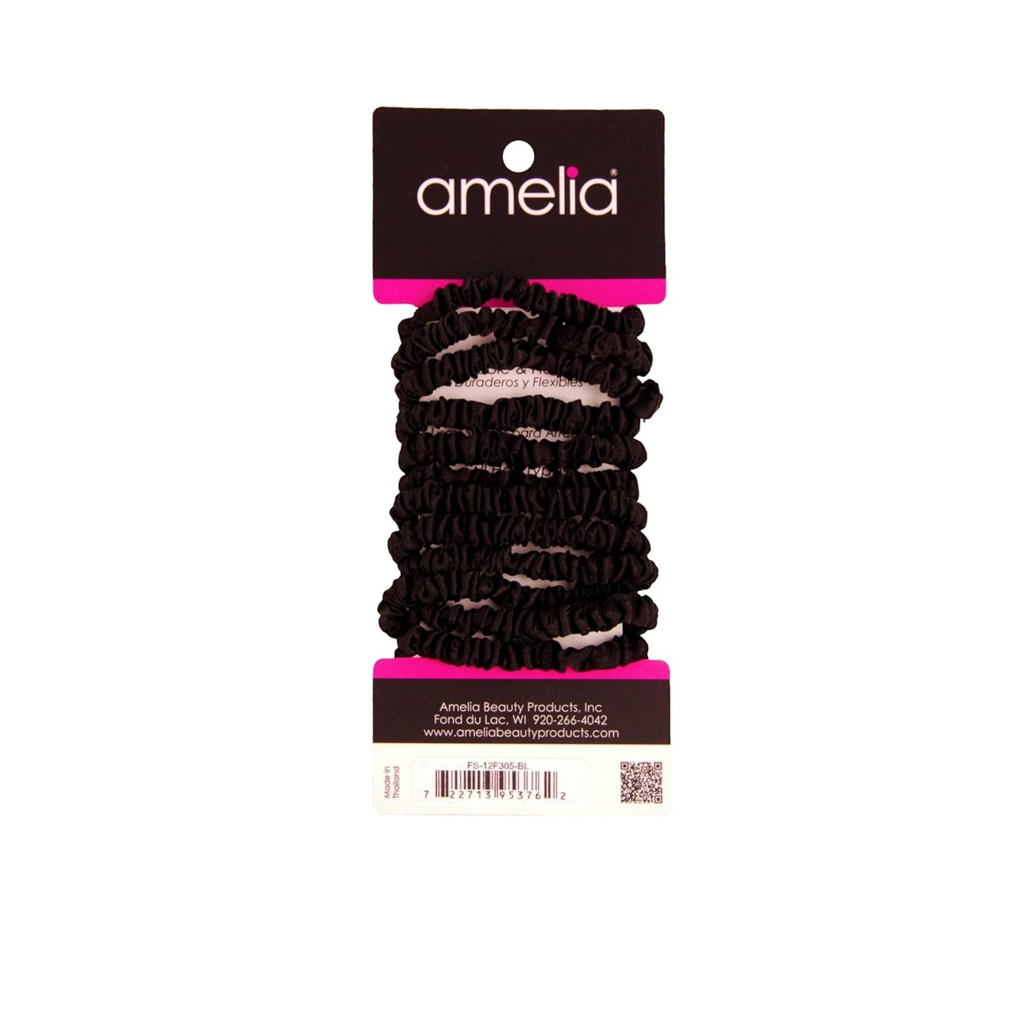 Amelia Beauty, Black, Skinny Satin Scrunchies, 12 Pack – 2in Diameter, Gentle & Strong Hold, No-Snag, No-Dent, Crease-Free Hair Ties