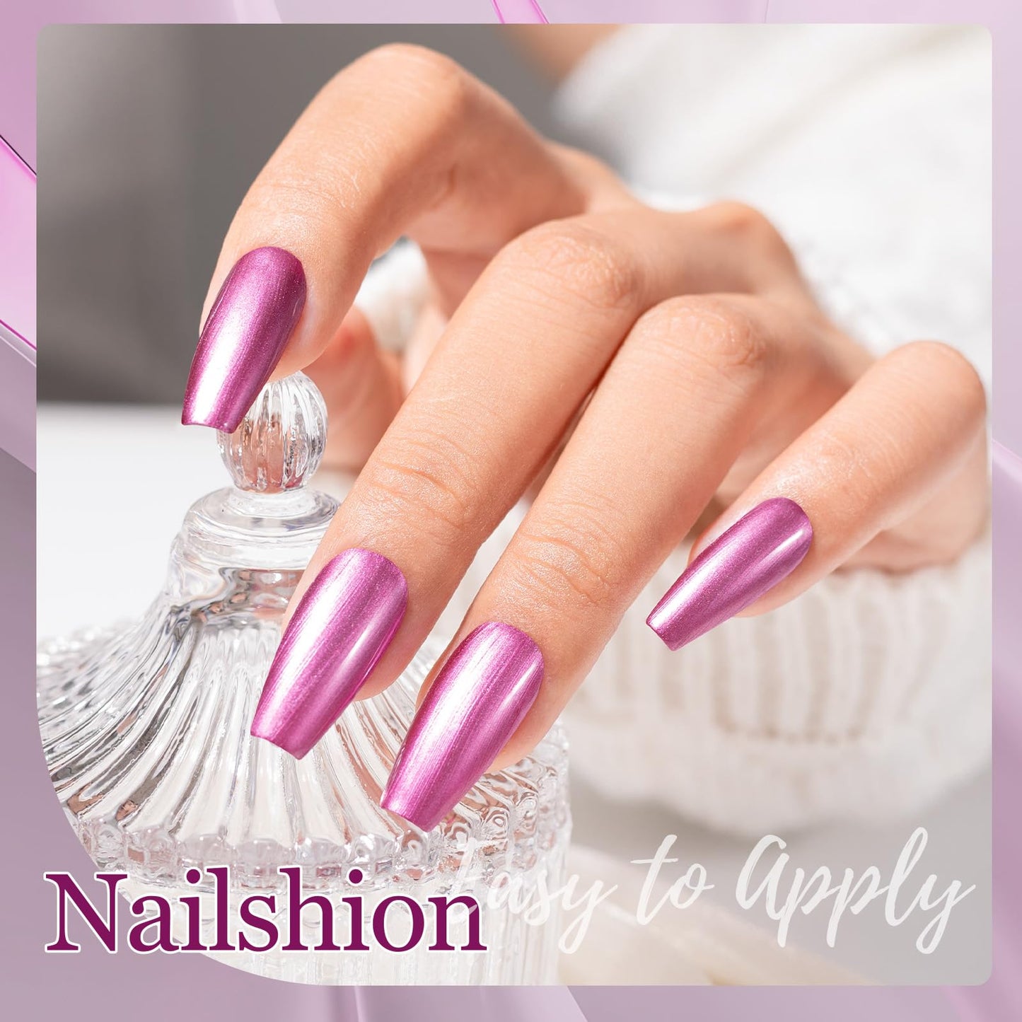 Nailshion Metallic Purple Rose Nail Polish with 3-in-1 Clear Base Top Coat, Fast Air Dry Fingernail Polish Duo, Non-Gel, Opaque, Glossy Luxury Nail Art Fingernail Toenail Polishes