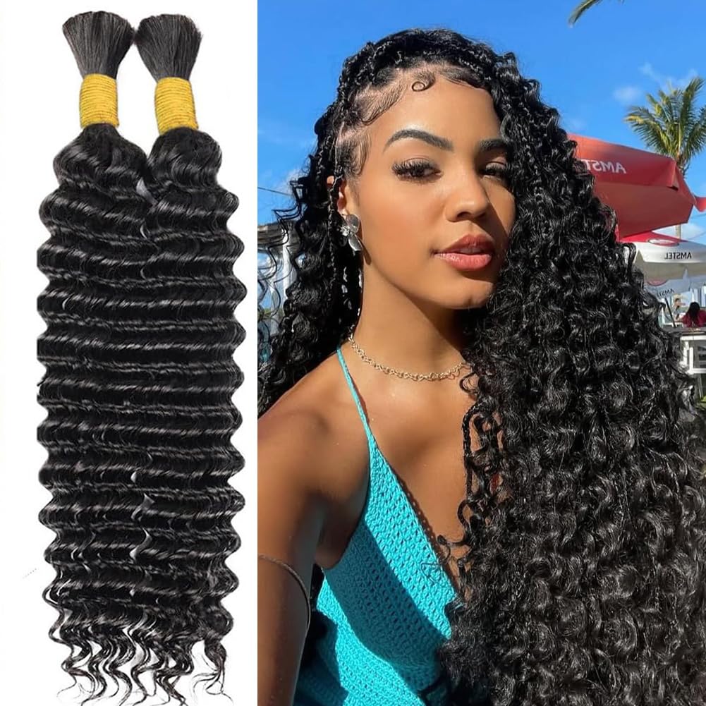 22 Inch Human Braiding Hair 50g Deep Wave Bulk Human Hair for Braiding Brazilian Virgin Human Hair Bundles Wet and Wavy Bundles No Weft Curly Human Hair Extensions for Boho Braids Natural Black