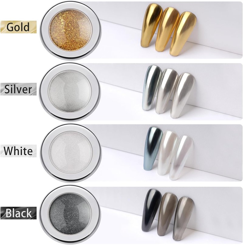 Chrome Nail Powder Set - 4 Jars Metallic Mirror Effect Pigments | Gold, Silver, Black & White Pearl