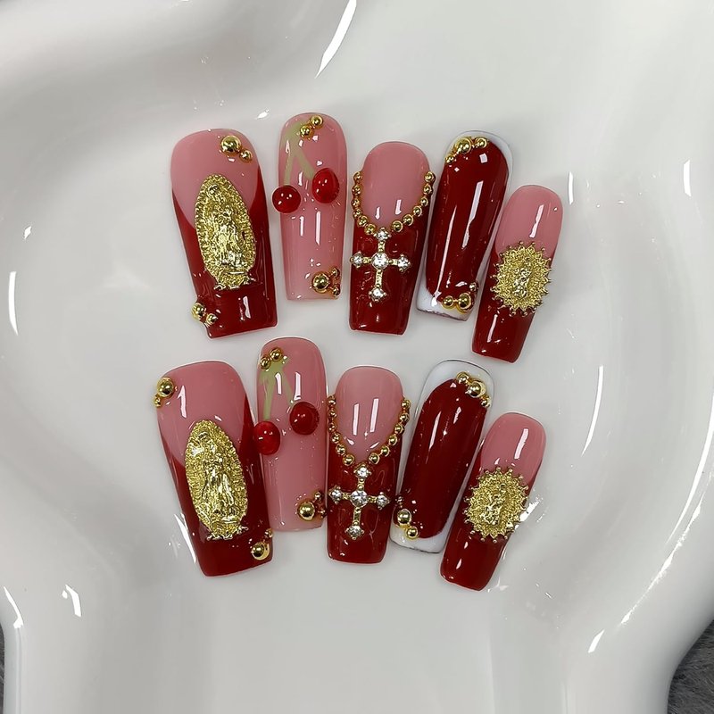 Burgundy French Press On Nails - Long Square 3D Embossed Cross Design | Elegant Gothic False Nails for Weddings (M)