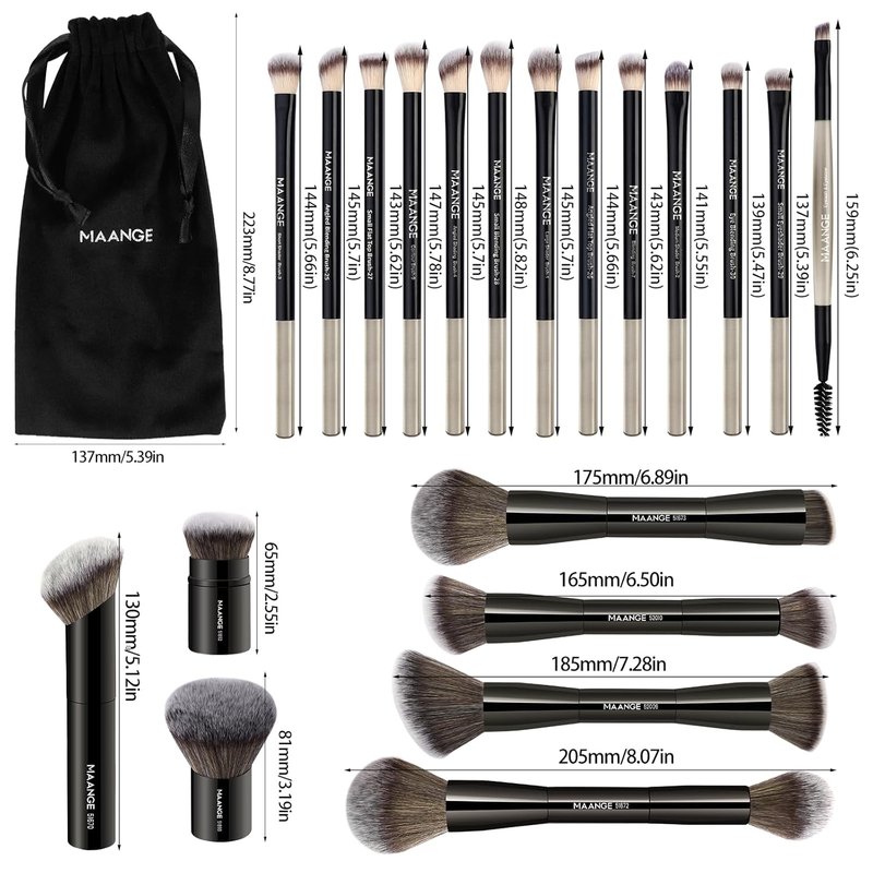 20 PCS Foundation Makeup Brush Set - Double-Ended Kabuki Contour Brushes for Liquid & Powder Blending | Black