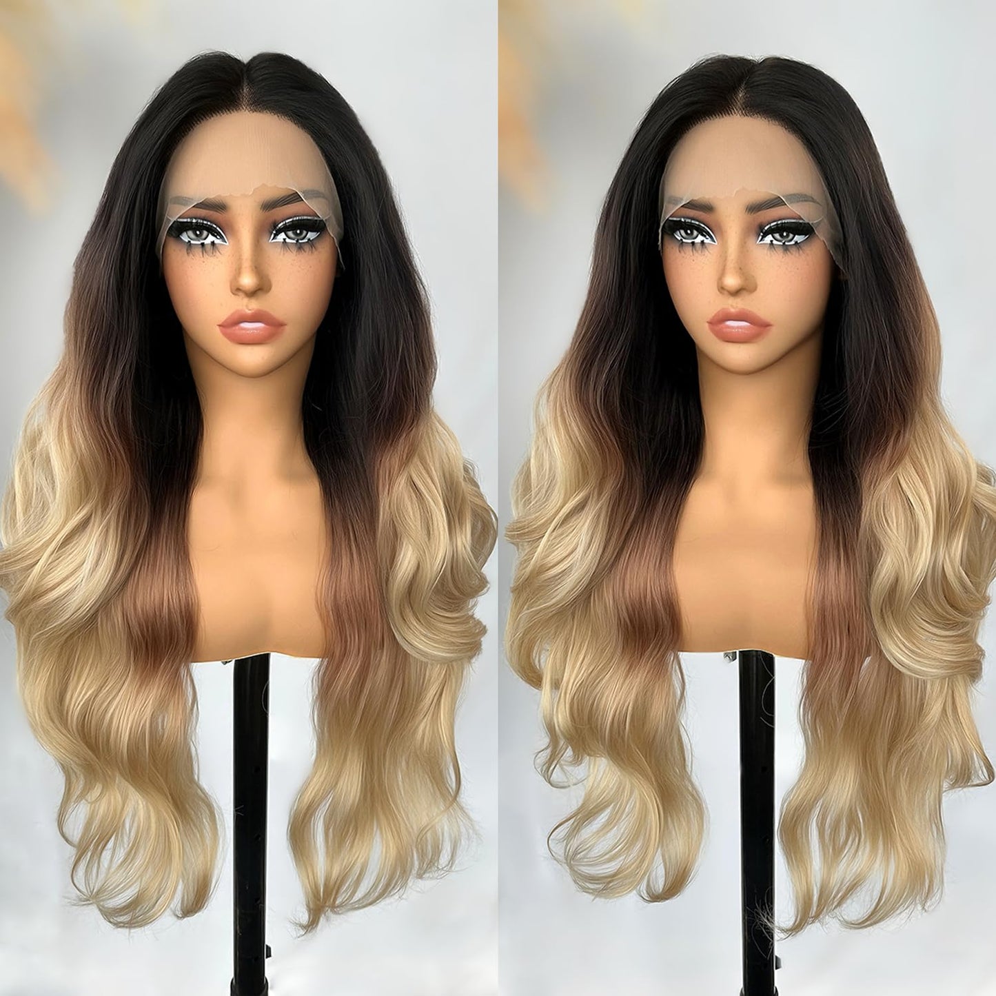 SOKU Lace Front Wavy Wigs for Women 30 Inch Ombre Blonde Body Wave Synthetic Hair Triple Tones T Part Transparent Swiss Lace Front Wig for Women