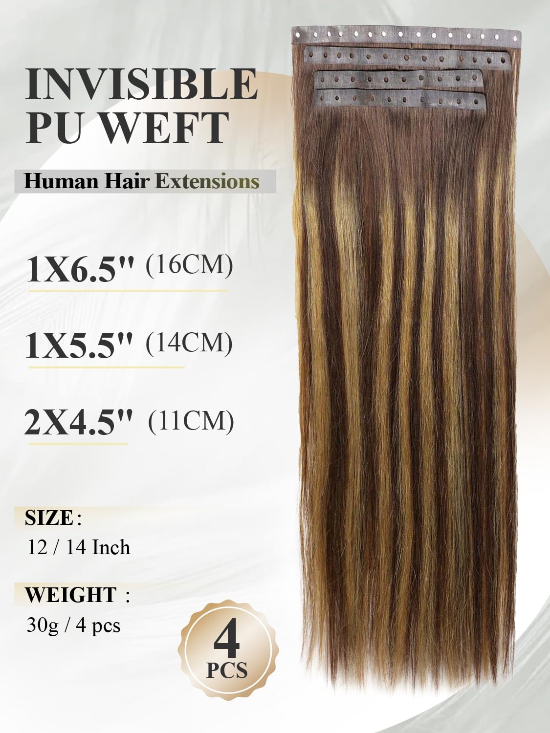 Human Hair Extensions Invisible PU Tape in Hair Extension T4/27 Highlight Honey Blonde Remy Human Hair Extensions with Beads Glueless Hair Extension for Women (30g 4Pcs,12 Inch)