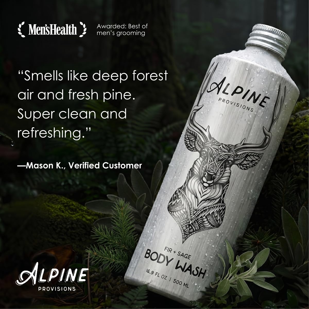 Alpine Provisions Natural & Organic Body Wash with Fir & Sage – Moisturizing Shower Gel with Aloe Vera, Coconut Oil & Essential Oils – Vegan, Sulfate-Free, Plastic-Free – 16.9 fl oz