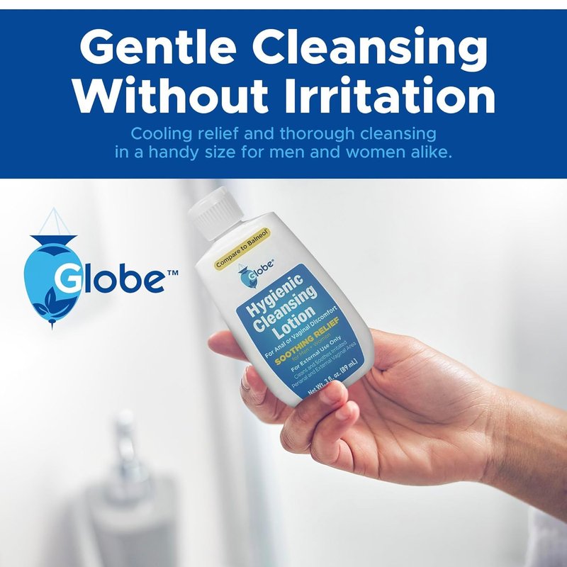 Globe (3 Pack Hygienic Cleansing Lotion for Men and Women -Discomfort, Pain & Itch Relief for Sensitive Areas, Cooling, Non-Irritating Gentle Personal Care Cleanser, Convenient for Travel, 3oz Bottle