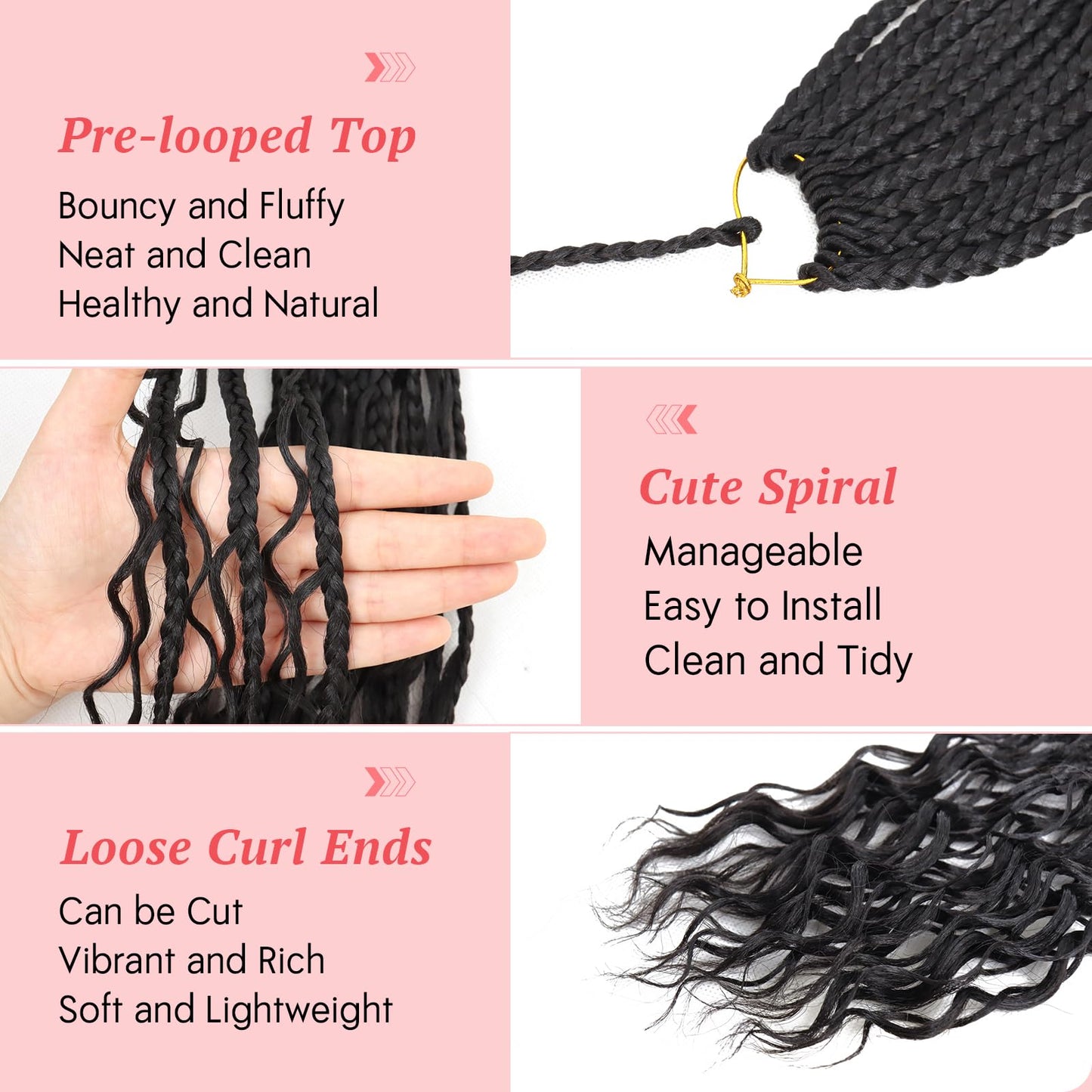 Eeanno Goddess Box Braids Crochet Hair for Black Women 24 Inch 7 Packs Natural Black Boho Hair Pre Looped Crochet Box Braids with Curly Ends, 1B