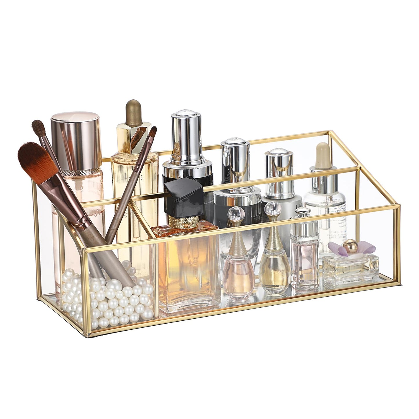 Hipiwe Makeup Organizer Countertop Cosmetic Display Case Gold Glass Vanity Storage Holder 3 Slots Dresser Bathroom Counter Organizer for Makeup Brush Lipsticks Perfume Skincare Products