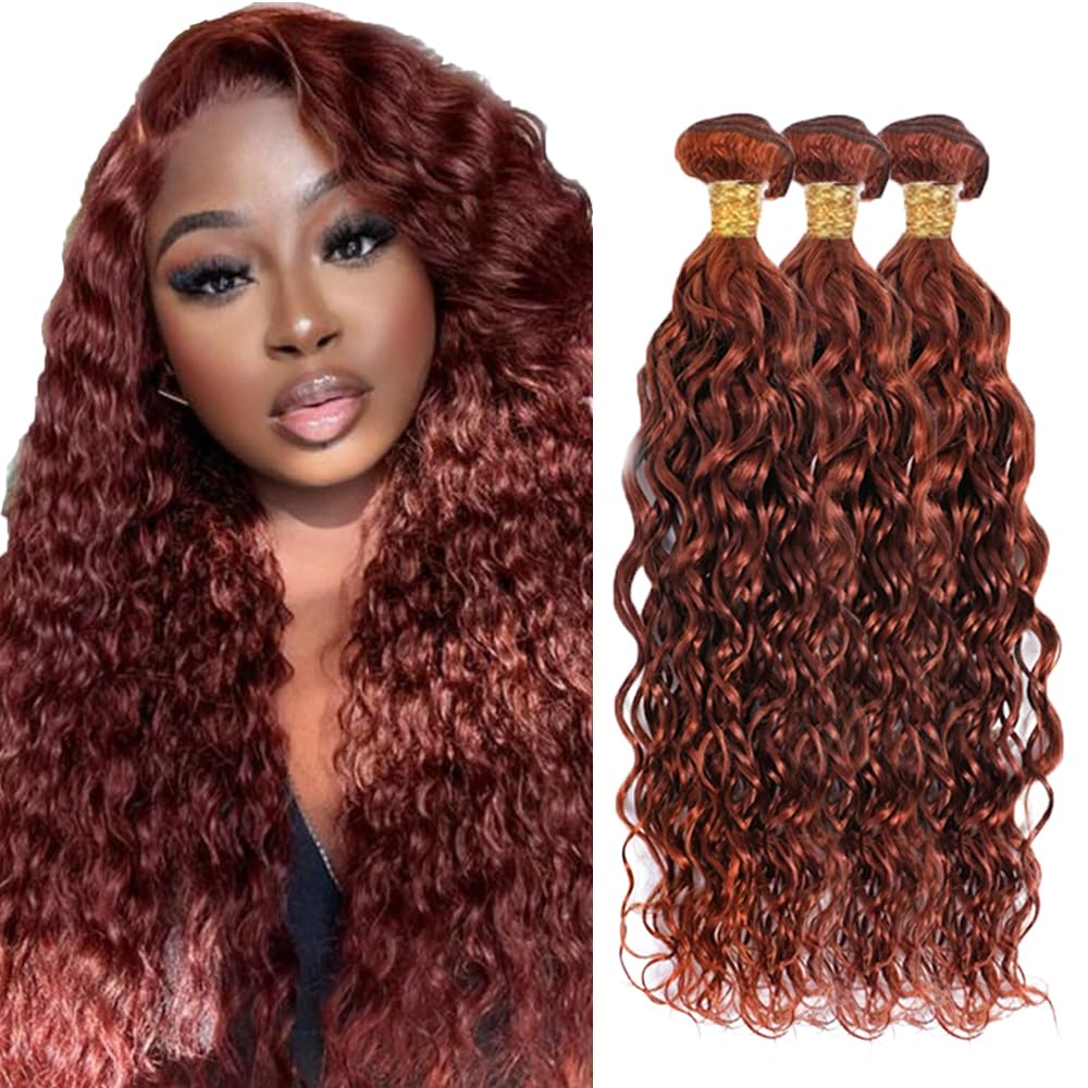Human Hair Water Wave Bundles - Brazilian Virgin Remy, 16-Inch, Reddish Brown | 3-Pack