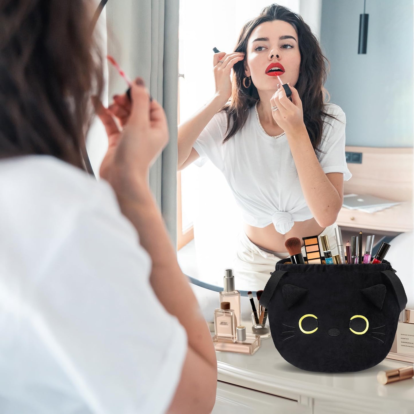 Funny Cat Drawstring Makeup Bag, Large Travel Toiletry Cosmetic Organizer
