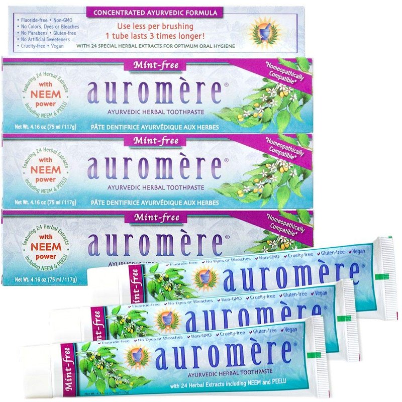 Auromere Ayurvedic Herbal Neem & Clove Toothpaste - All Natural Fluoride Free Toothpaste for Adults and Kids, Suitable for Sensitive Teeth, SLS-Free, Non GMO, Vegan, Cruelty-Free - 3 Pack