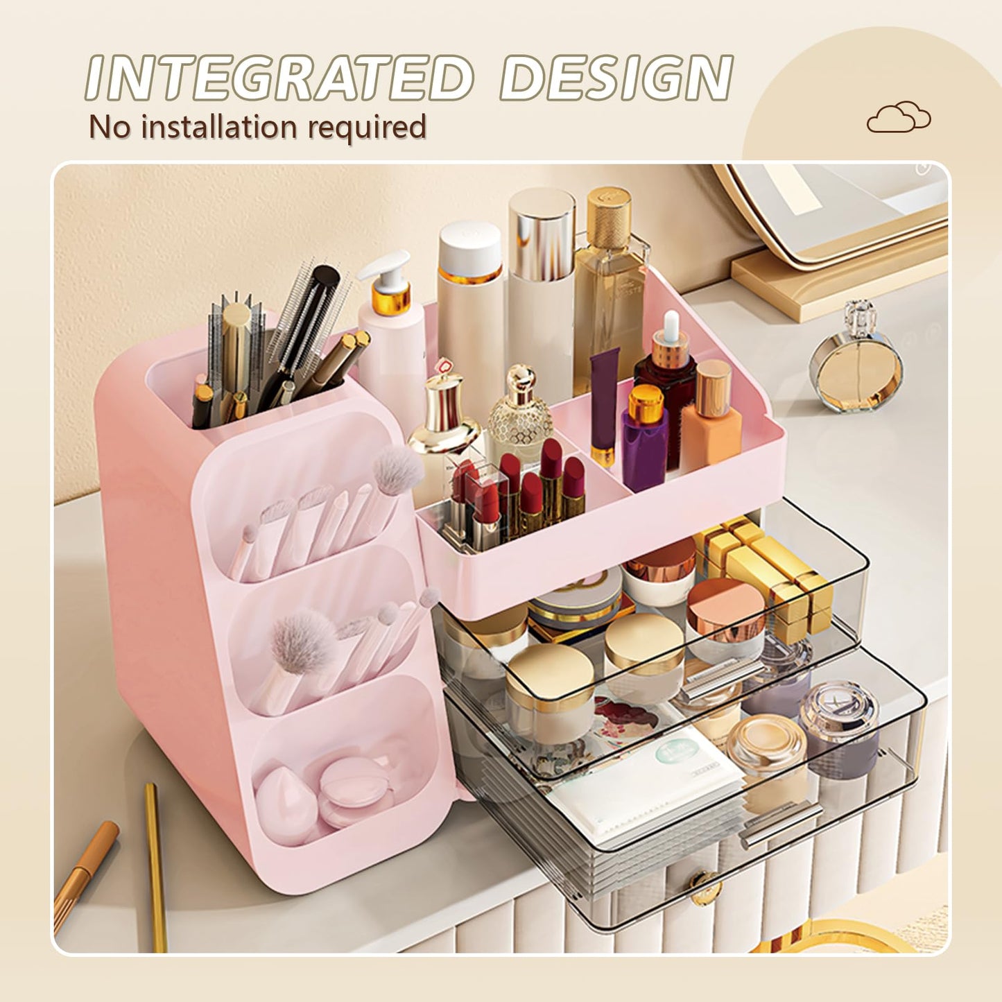 RLETOUNN Makeup storage box with vanity drawer, spacious cosmetics display box, stationery storage box, bathroom beauty storage suitable for your beauty essentials (pink)