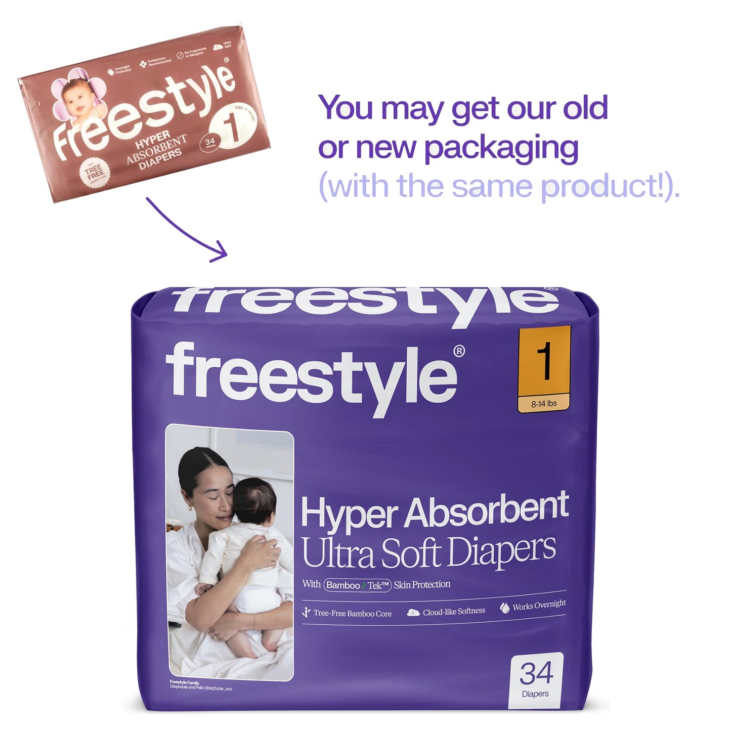 Freestyle BambooTek Diapers - (Size 1) Hyper Absorbent & Non-Toxic – Disposable Diapers for Sensitive Skin – Ultra Soft Diapers (8-14 lbs) – 204 Count