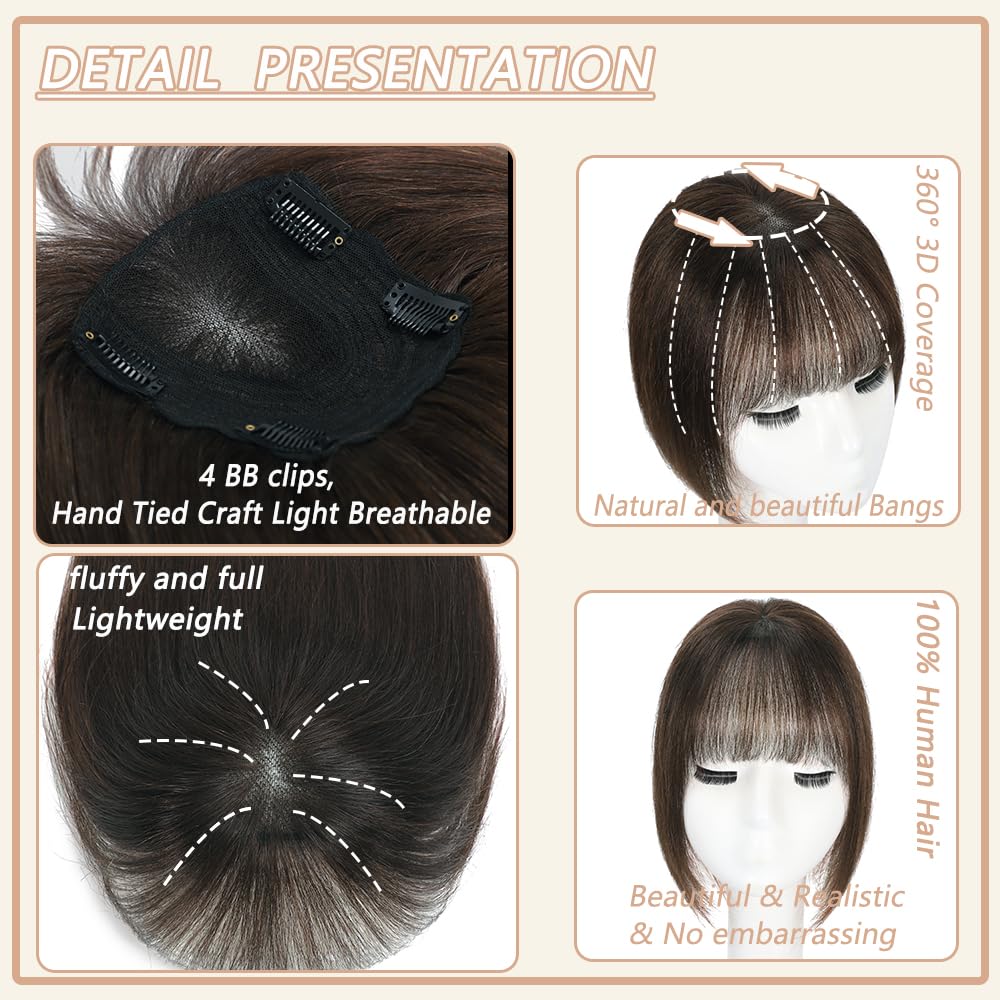 HVVZOY Hair Toppers for Women Real Human Hair, 360° 3D Real Human Hair Toppers for Women with Thinning Hair Clip in Bangs Big Coverage 12 Inch Hairpieces (Gray02, 3D Wispy Bangs 10x11)