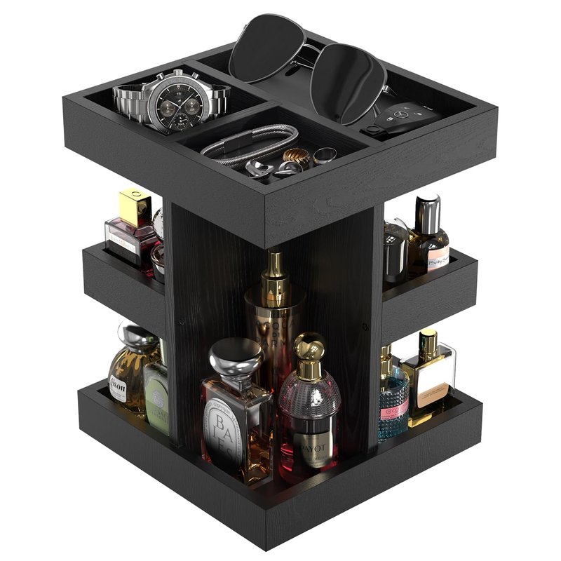 VLXXOI Cologne Organizer for Men Rotating Bathroom Counter Organizer, 3-Tier Solid Wood Storage Caddy, 360-Degree Rotating Stand, Burlywood (Black)