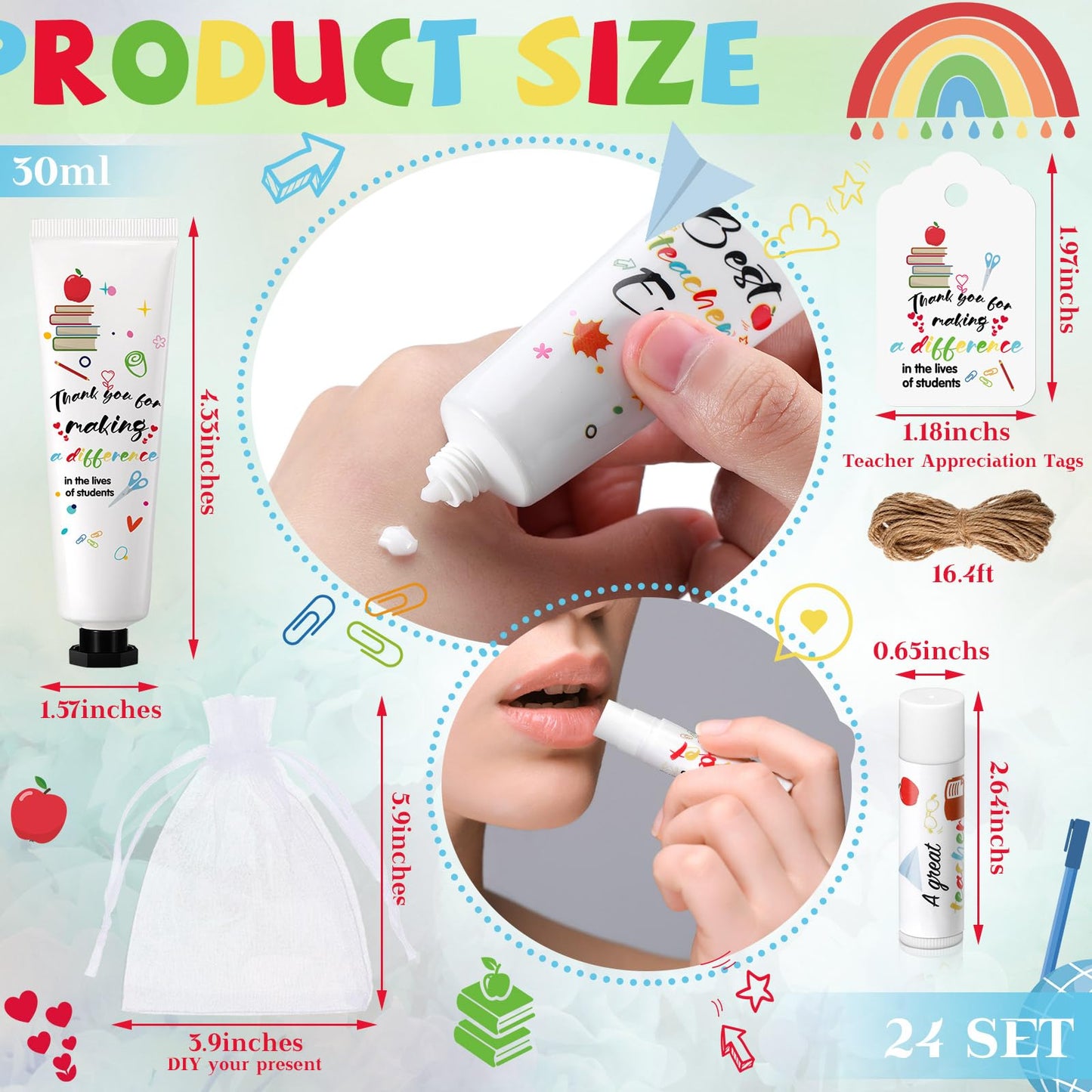 Dimsile 24 Set Appreciation Teacher Gifts Bulk Lip Balm Hand Cream Thank You Gift with Cards Organza Bags Travel Size Moisturizing Hand Lotion for Back to School Appreciation Teacher Gifts