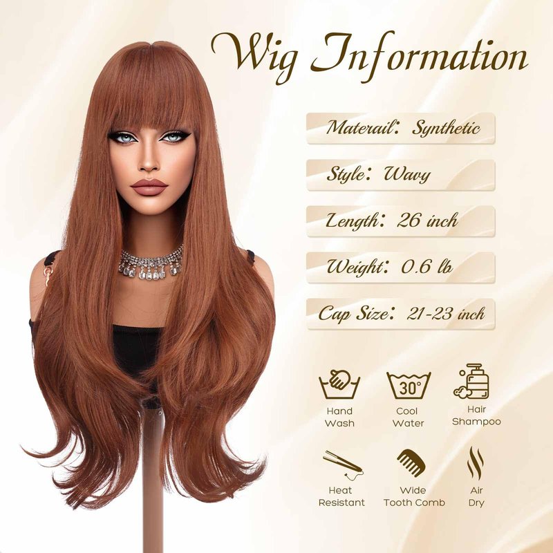 Haloo Auburn Wigs with Bangs - Long Layered Natural Looking Synthetic Heat Resistant Wavy Hair Wigs for Women Daily Party, 26 Inch