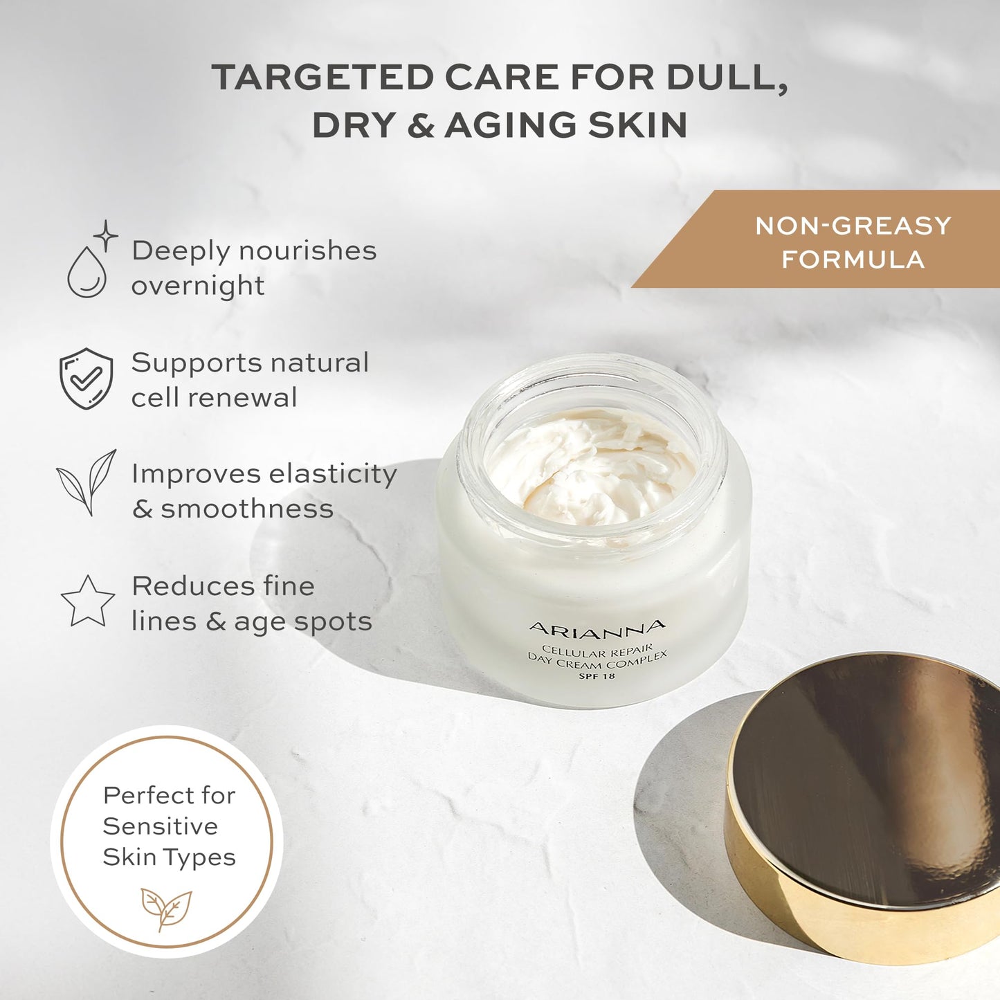 Arianna Skincare Cellular Repair Night Cream - Hydrate and Nourish Skin with Vitamin A, E & Dead Sea Minerals, 100% Vegan & Cruelty-Free Night Face Cream - 50ml