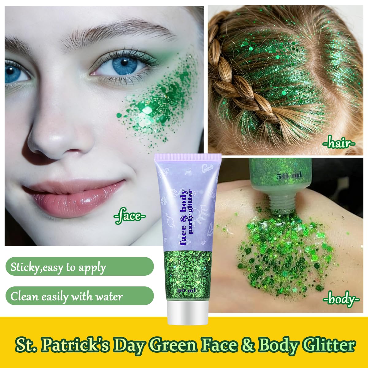 19PCS St. Patrick's Day Accessories Set, Green Face & Body Glitter, Green Glasses, Irish Bracelets, Round Bead Necklaces, Party Favors for Women and Family