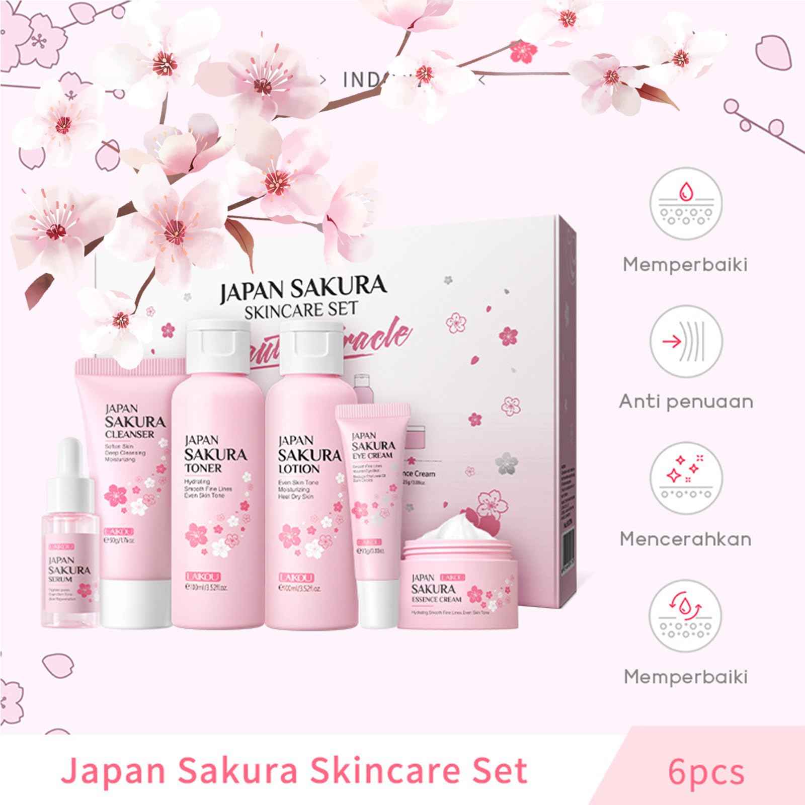 6 Pcs Skin Care Sets JAPAN SAKURA Women Beauty Gift Sets Sakura Skin Care Kit with Cleanser, Toner, Serum, Eye Cream, Lotion, Essence Cream Travel Kit for Women Teen Girls