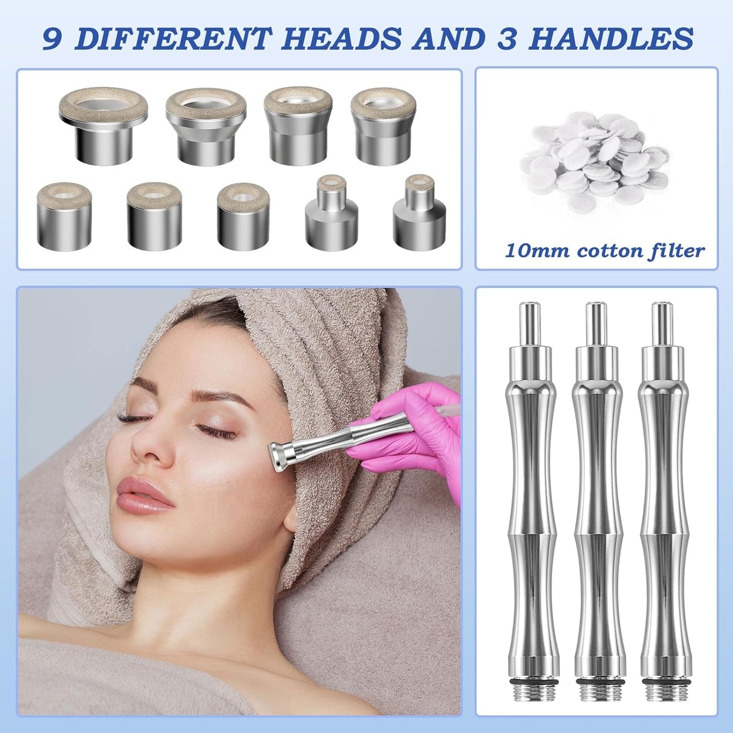 Diamond Dermabrasion Tips - Microdermabrasion Machine Accessories | 9 Replacement Tips & 3 Wands