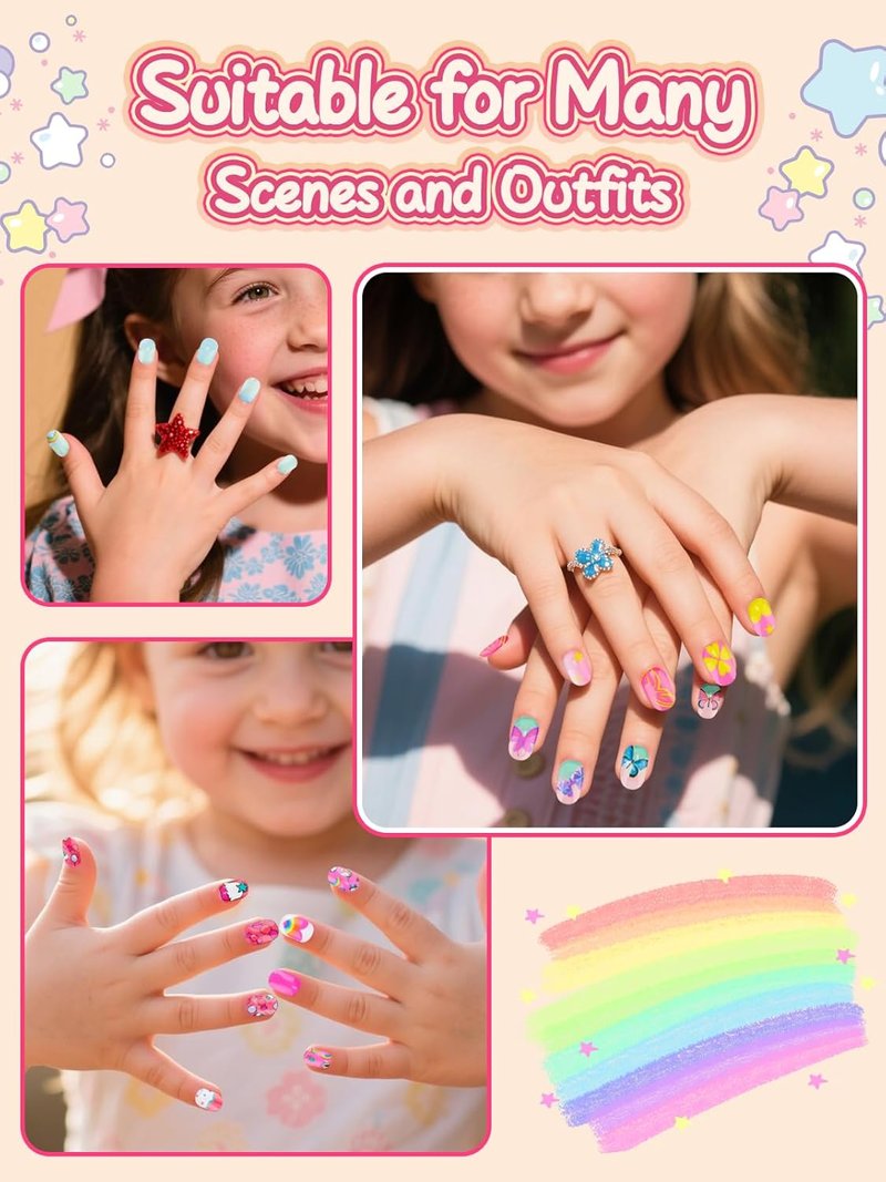 Press On Nails for Girls - 168-Piece Rainbow Butterfly Set | Short Full Cover Fake Nails with Glue for Kids Ages 6-12