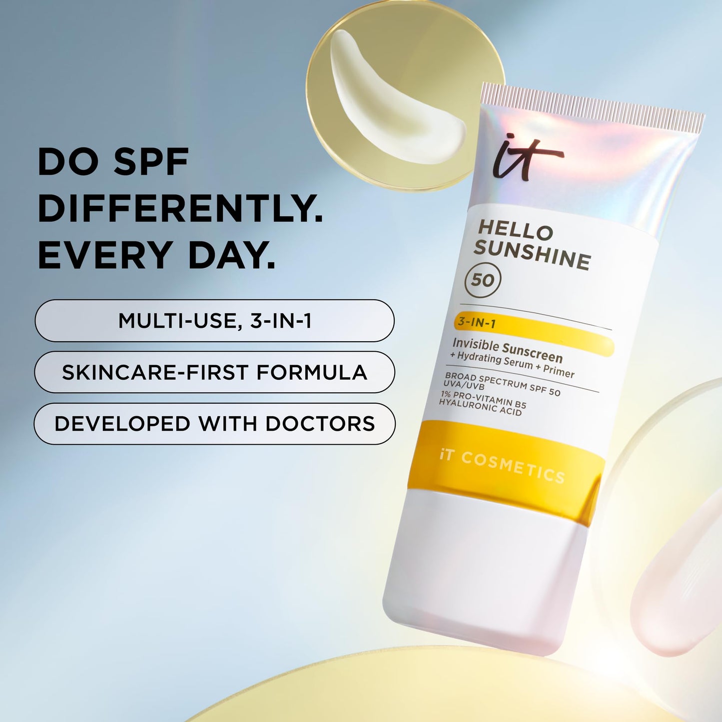 IT Cosmetics Hello Sunshine Invisible Sunscreen for Face SPF 50 - Sunscreen, Hydrating Serum & Makeup Primer - 1% Pro-Vitamin B5 & Hyaluronic Acid - HSA/FSA Eligible - No White Cast - 2.7 fl oz
