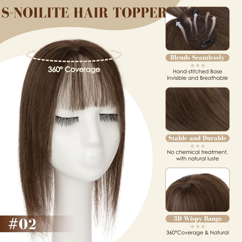 S-noilite Human Hair Topper with Bangs 360°3D Cover Toppers Hairpieces for Women Bangs Hair Clip Mocha Brown 12inch