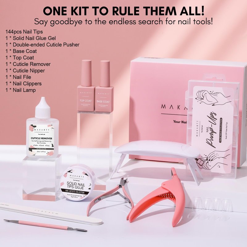 Makartt Nail Glue and Tips Kit: 15ML Solid Gel with Almond & Coffin Pre-Buffed Fake Nails, Portable UV Lamp, Base and Top Coat, Nipper, Cuticle Remover and File for DIY Art Manicure