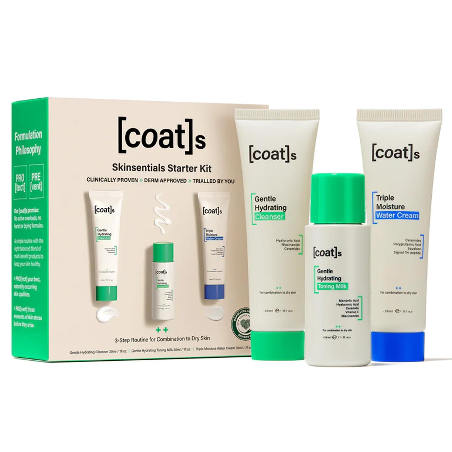 Coats Skinsentials Starter Bundle – Travel Cleanser, Toner & Moisturizer (1 oz each) – 3-Step Regimen Prevents Breakouts & Protects Barrier with Ceramides, For Women & Men