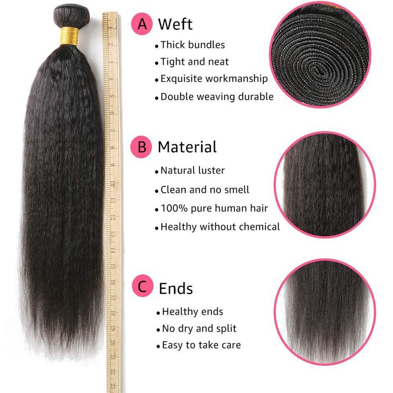 DAIMER Brazilian Kinky Straight Bundles Human Hair Sew in Unprocessed Virgin Hair Extension Yaki Straight Human Hair Double Weft Hair Extension Natural Color 14 Inch