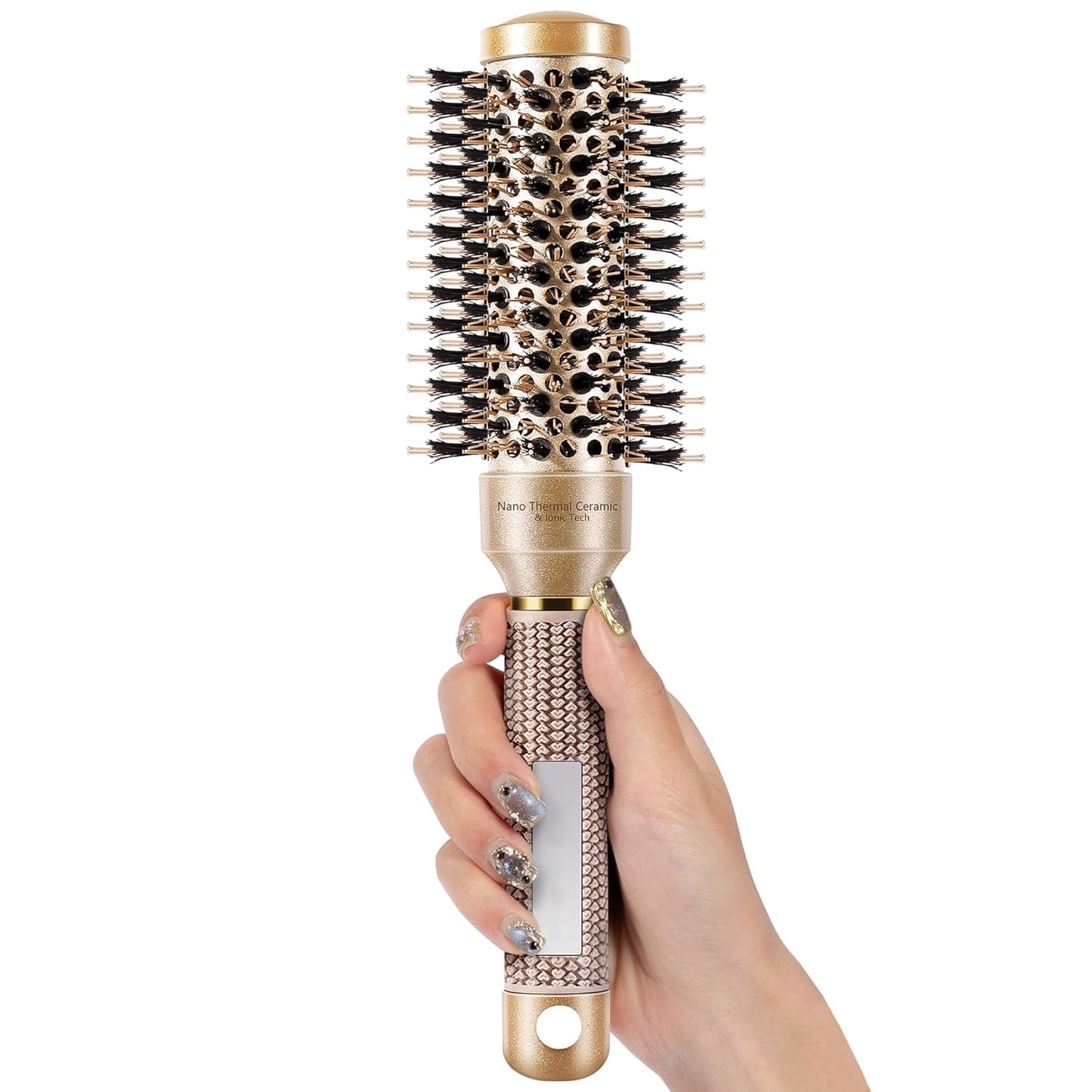 SIMPOR Round Hair Brush - Nano Thermal Ceramic & Ionic Tech | 1.3 Inch Gold Boar Bristles for Blow Drying & Styling