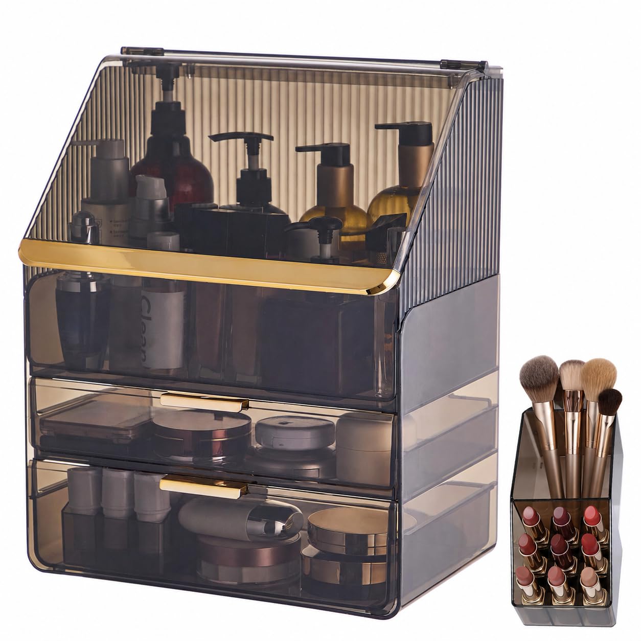 Large Cosmetic Organizer with Lipstick Holder Fully Transparent with Drawers, Dustproof Waterproof Bathroom Counter Storage for Skincare Lipstick Makeup Brushes(White)