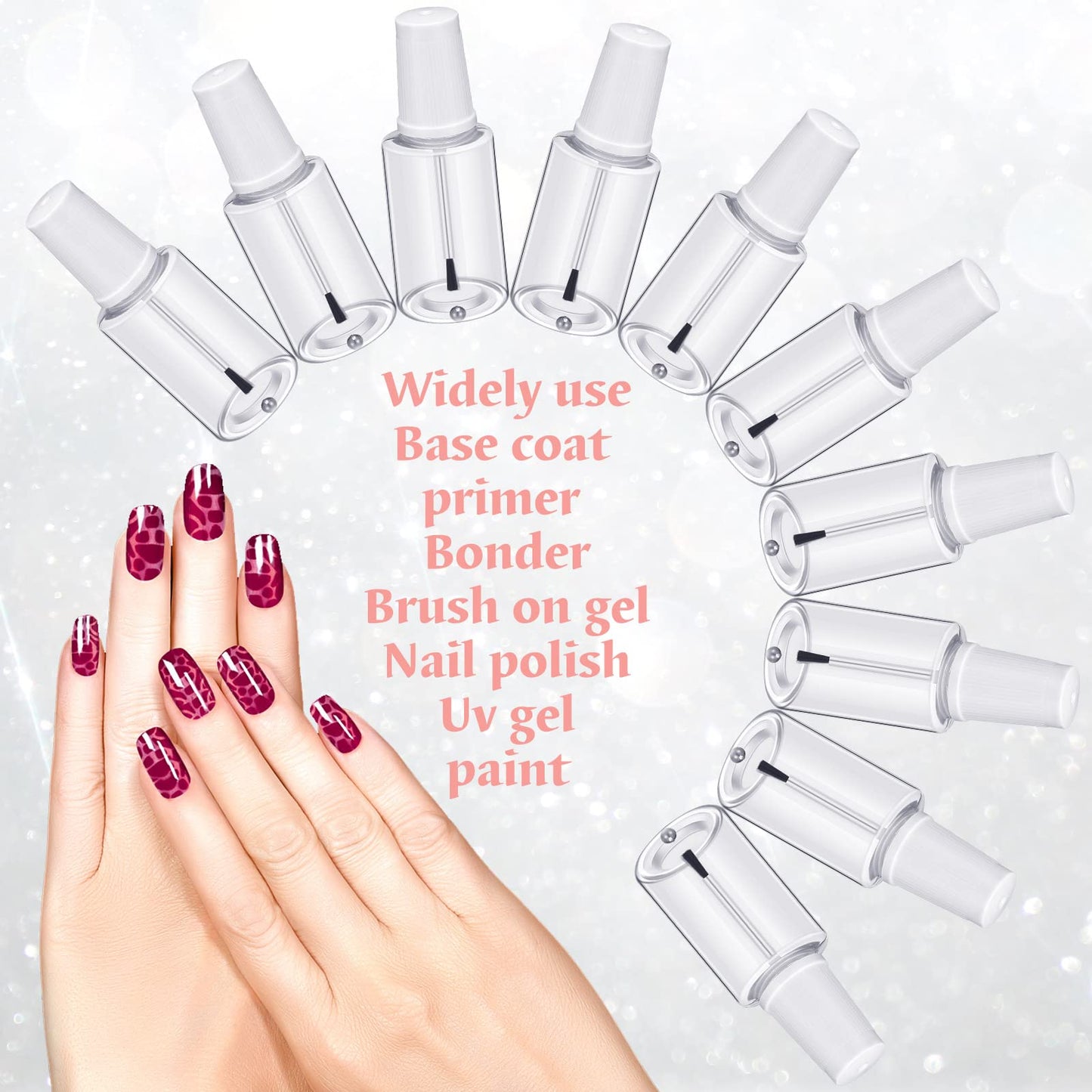 Irenare 10 Pcs Refillable Empty Nail Polish Bottles with Brush Mixing Marble Conservation Insert and Brush Top Plastic Nail Polish Container, Clear (20 ml)