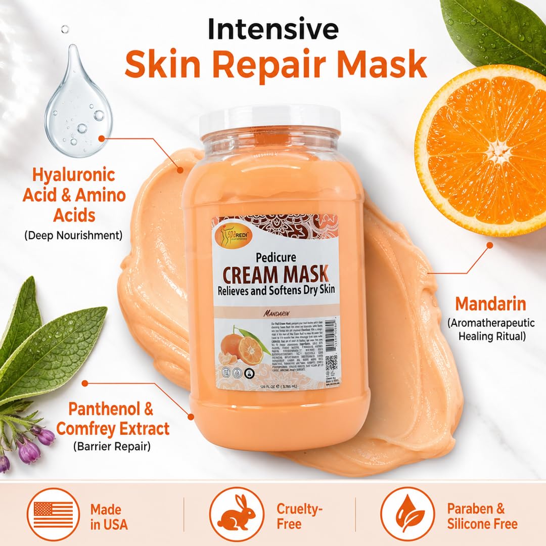 SPA REDI - Body and Foot Cream Mask, Mandarin, 128 Oz - Pedicure Massage for Tired Feet and Body, Hydrating, Fresh Skin - Infused with Hyaluronic Acid, Amino Acids, Panthenol, Comfrey Extract